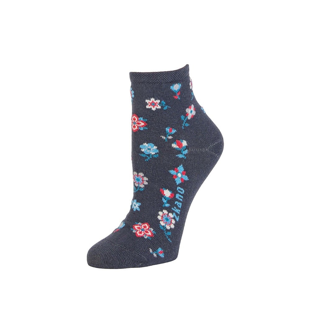 Zkano Ankle Medium Folksy Floral - Organic Cotton Anklet Socks - Indigo organic-socks-made-in-usa