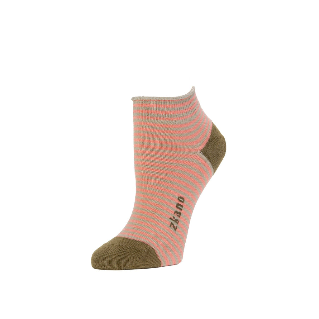 Zkano Ankle Medium Rosette - Striped Organic Cotton Anklet Socks - Coral organic-socks-made-in-usa