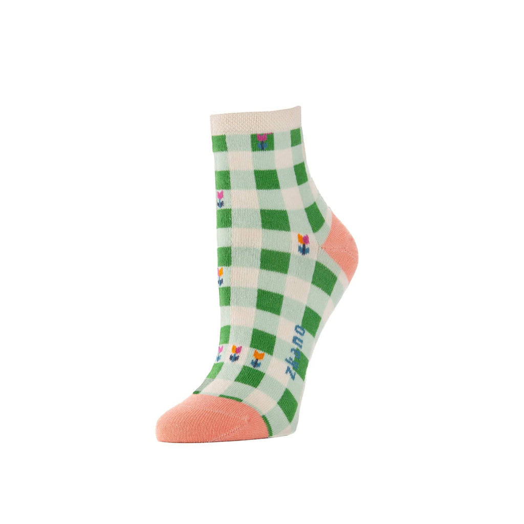 Zkano Ankle Medium Tulip Check - Organic Cotton Socks Anklet - Kelly organic-socks-made-in-usa