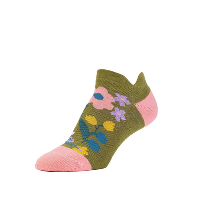 Zkano Basic & Sport Medium Spring Flowers- Cushioned Organic Cotton No Show Heel Tab - Moss organic-socks-made-in-usa