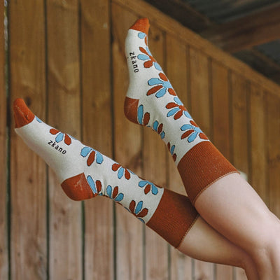 Zkano Crew Blossom - Organic Cotton Socks Roll Top - Saddle organic-socks-made-in-usa