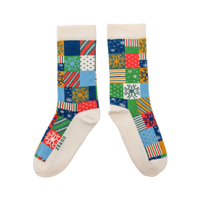 Zkano Crew Holiday Patchwork - Organic Cotton Crew Socks - Winter White organic-socks-made-in-usa