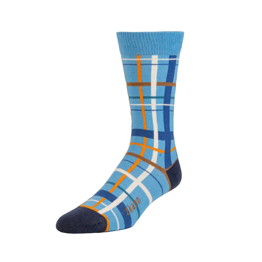 Zkano Crew Large Abstract Plaid - Organic Cotton Socks Crew - Sky organic-socks-made-in-usa