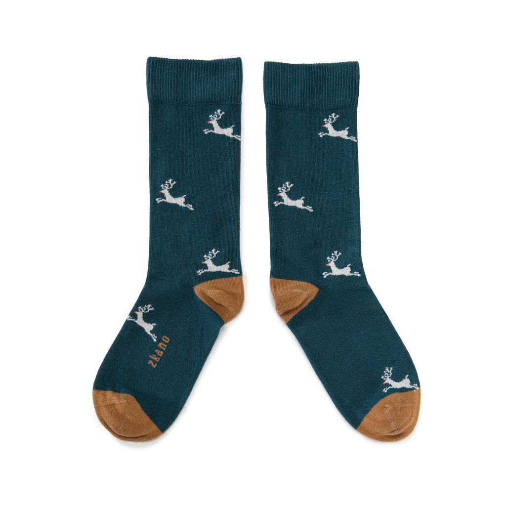 Zkano Crew Large Flying Reindeer - Organic Cotton Crew Socks - Evergreen organic-socks-made-in-usa