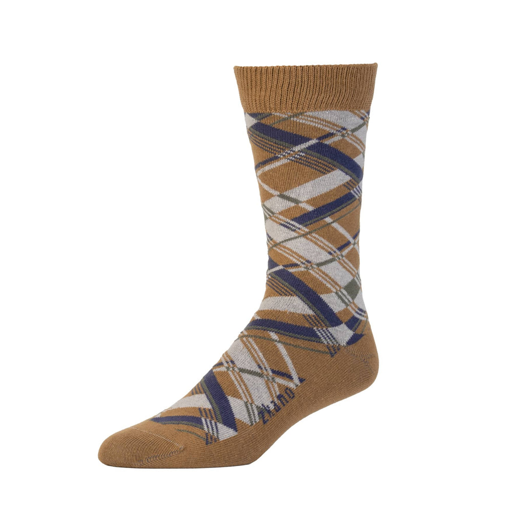Zkano Crew Large Men's Organic Cotton Crew Socks - Diamond Plaid / Bronze Brown organic-socks-made-in-usa