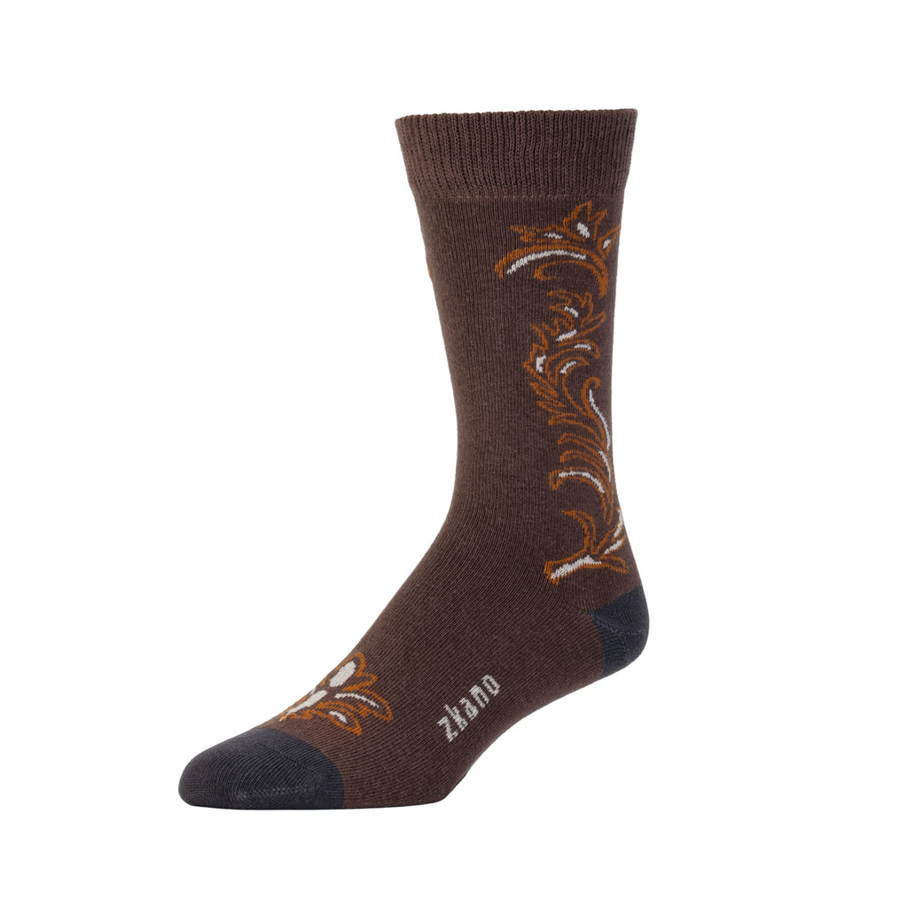 Zkano Crew Large Men's Organic Cotton Crew Socks - Western Embroidery / Mahogany organic-socks-made-in-usa