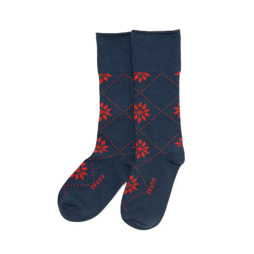 Zkano Crew Large Nordic Snowflake - Organic Cotton Tall Crew Roll Top - Navy organic-socks-made-in-usa