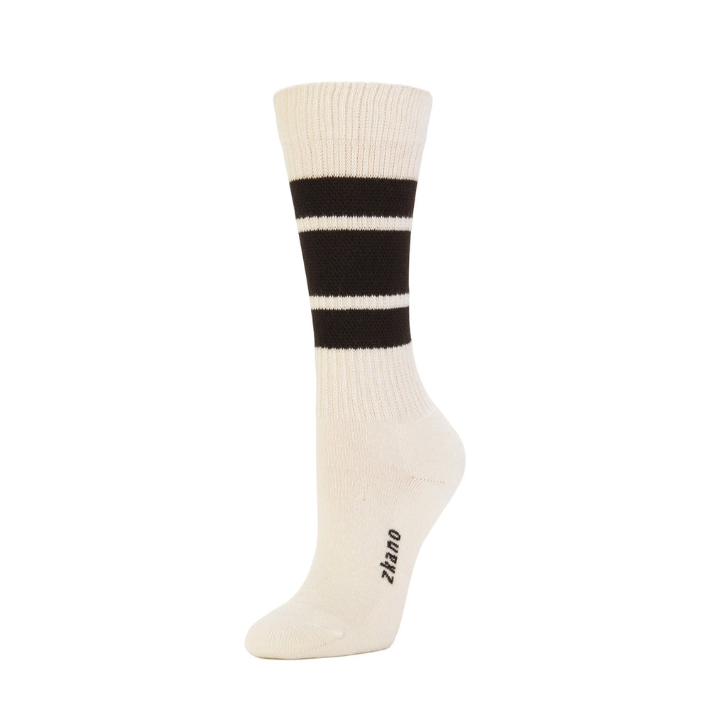 Zkano Crew Medium 1991 Retro Stripe - Organic Cotton Cushion Crew - Black organic-socks-made-in-usa