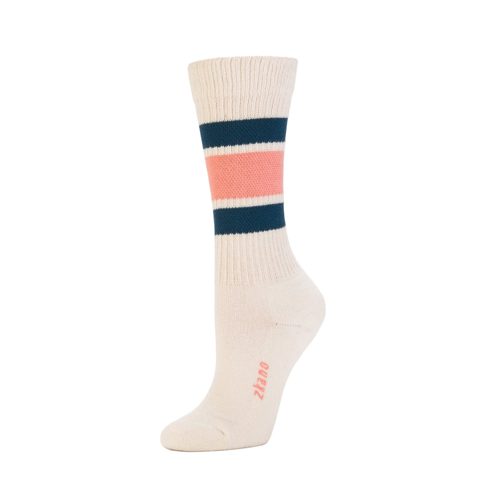 Zkano Crew Medium 1991 Retro Stripe - Organic Cotton Cushion Crew - Coral organic-socks-made-in-usa