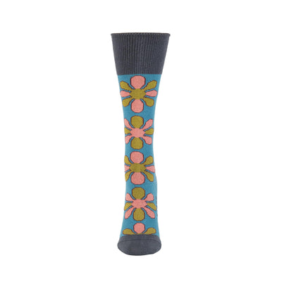 Zkano Crew Medium Blossom - Organic Cotton Socks Roll Top - Teal organic-socks-made-in-usa
