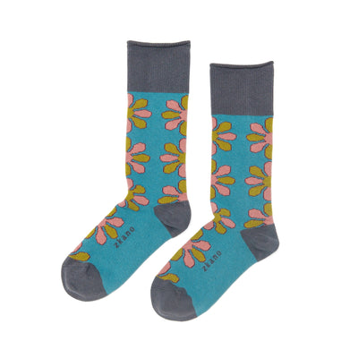 Zkano Crew Medium Blossom - Organic Cotton Socks Roll Top - Teal organic-socks-made-in-usa