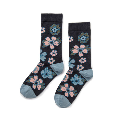 Zkano Crew Medium Boho Blossoms - Organic Cotton Crew Socks - Charcoal organic-socks-made-in-usa