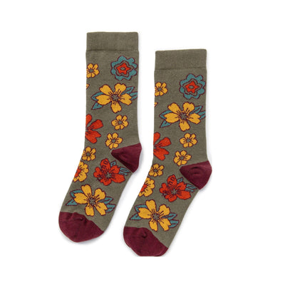 Zkano Crew Medium Boho Blossoms - Organic Cotton Crew Socks - Olivine organic-socks-made-in-usa