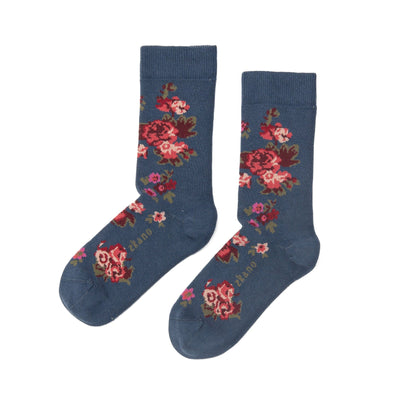 Zkano Crew Medium Cottage Roses - Organic Cotton Socks Crew - Navy organic-socks-made-in-usa