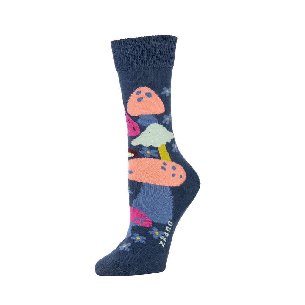 Zkano Crew Medium Mushroom Menagerie - Organic Cotton Socks Crew - Navy organic-socks-made-in-usa