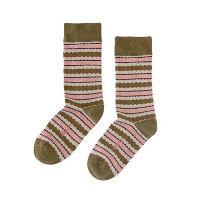 Zkano Crew Medium Scalloped Stripe - Organic Cotton Socks Crew - Olive organic-socks-made-in-usa