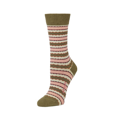 Zkano Crew Medium Scalloped Stripe - Organic Cotton Socks Crew - Olive organic-socks-made-in-usa
