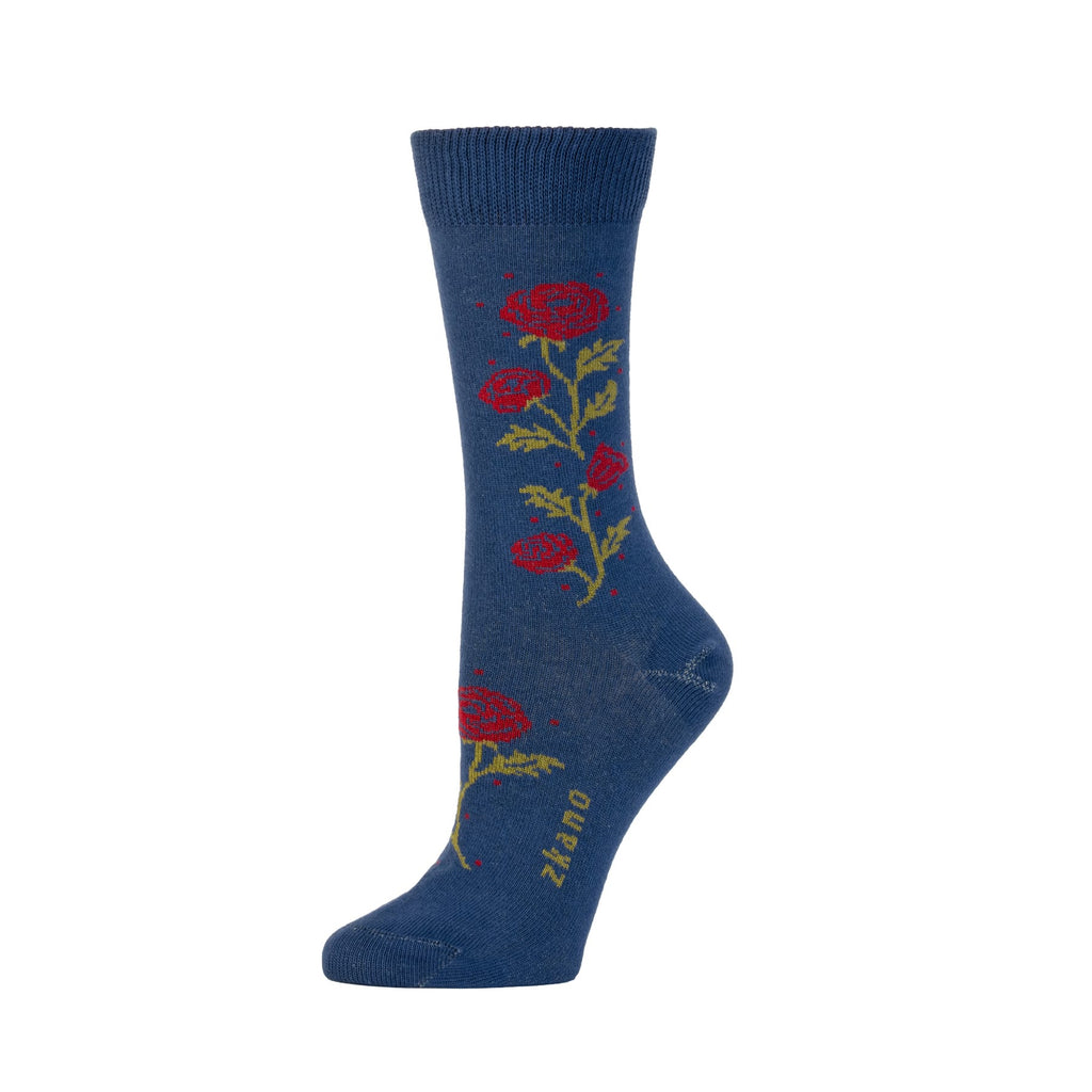 Zkano Crew Medium Women's Rhinestone Rose - Organic Cotton Socks Crew - Navy organic-socks-made-in-usa