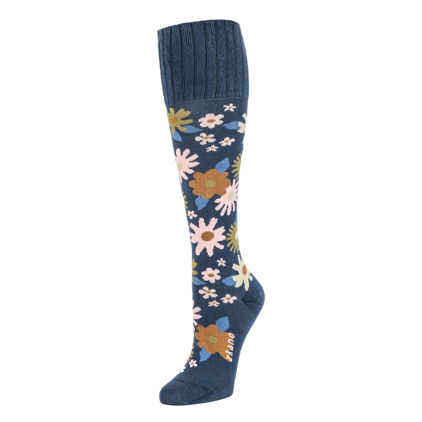 Zkano Knee High Medium Mod Flowers - Organic Cotton Knee Socks - Navy organic-socks-made-in-usa