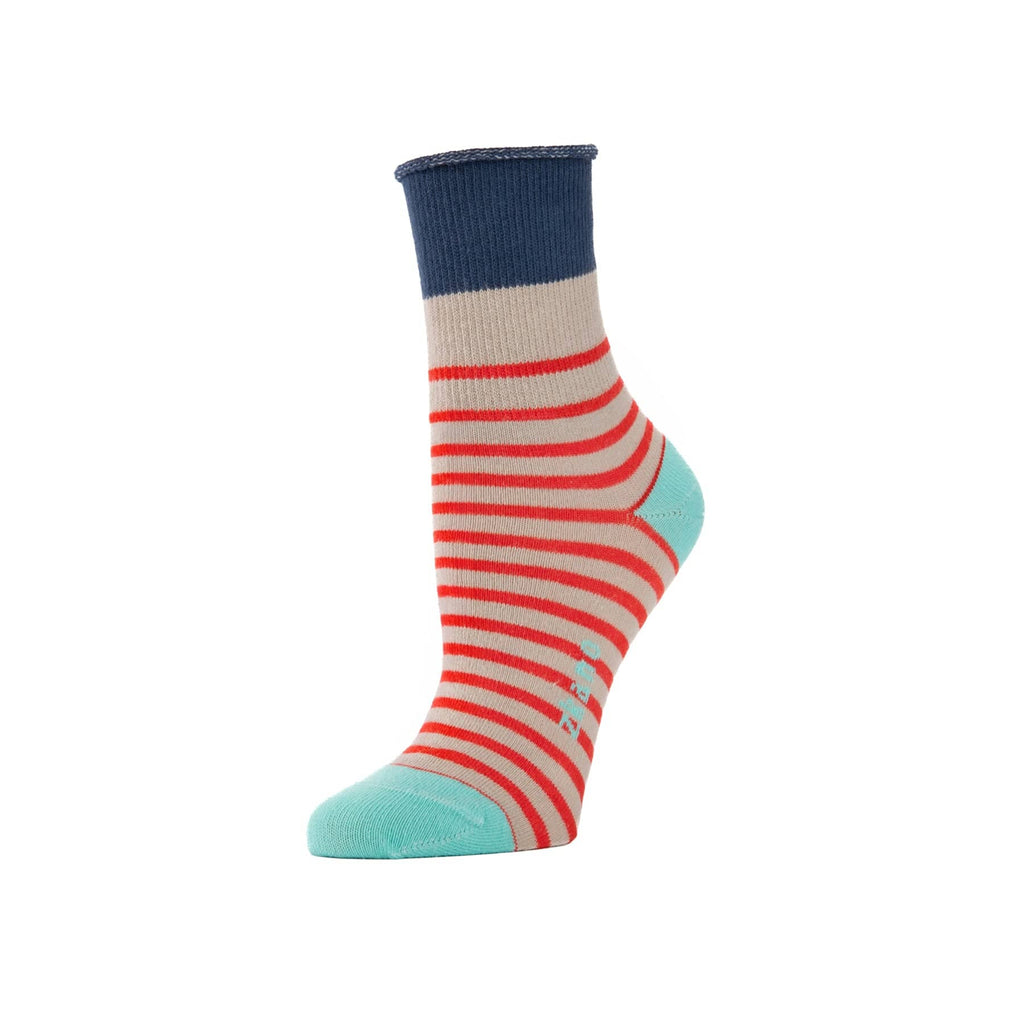Zkano Roll Top Medium Breton Stripe - Roll Top Organic Cotton 1/2 Crew Socks - Poppy Red organic-socks-made-in-usa