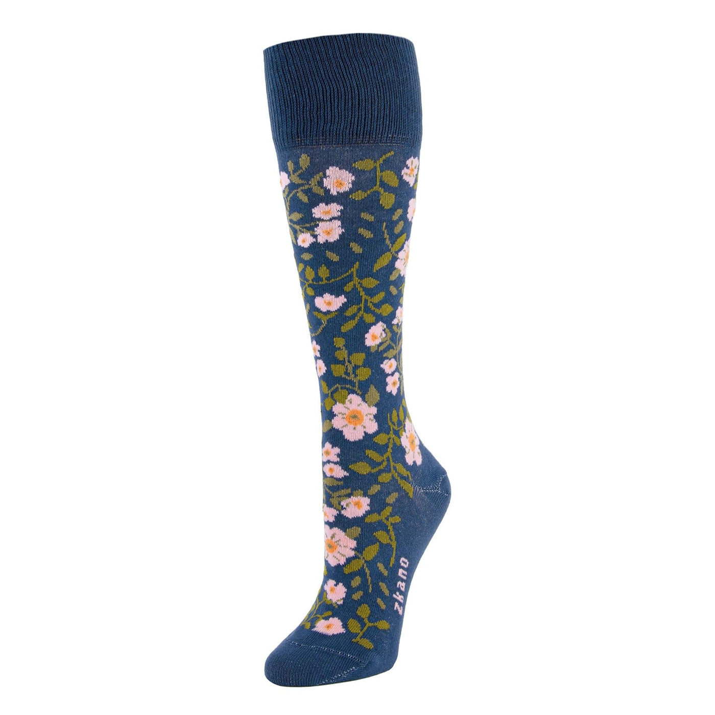 Zkano Knee High Medium secret garden - floral organic cotton knee socks - navy organic-socks-made-in-usa
